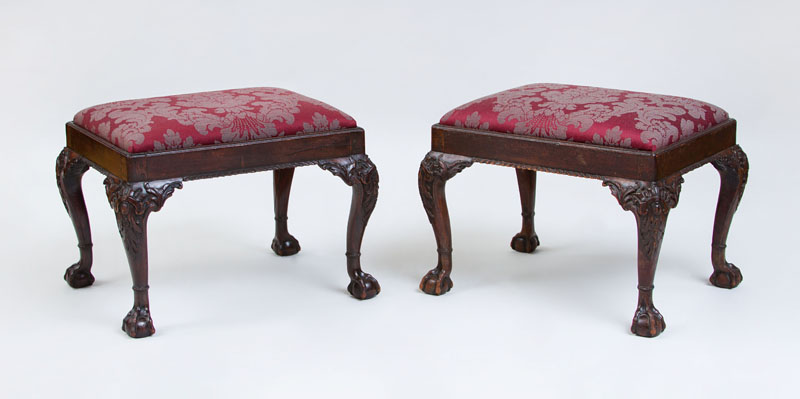 Appraisal: PAIR OF GEORGE III STYLE CARVED MAHOGANY STOOLS LATE TH