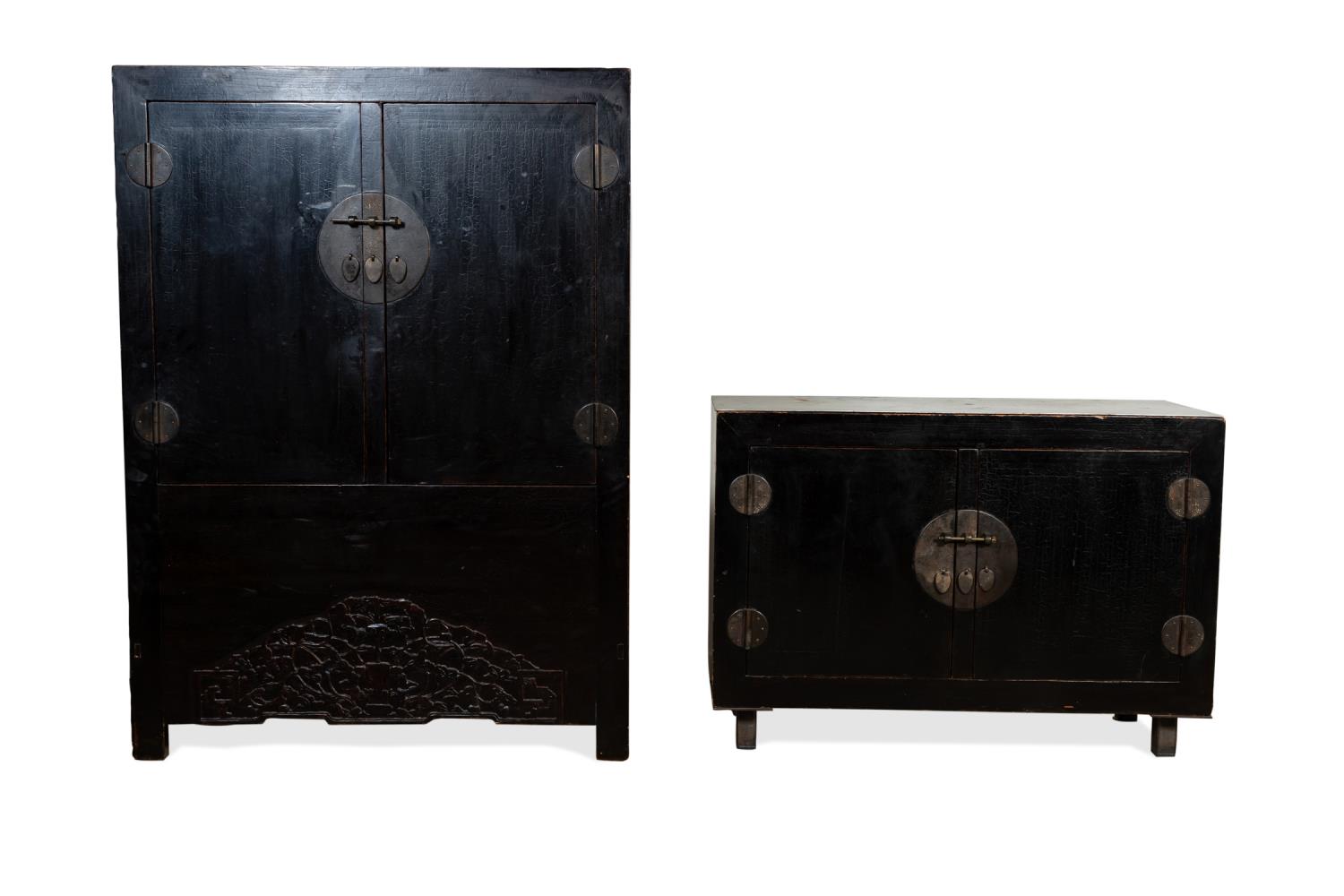 Appraisal: CHINESE BLACK LACQUERED WEDDING CABINET SERVER Two Chinese cabinets comprising