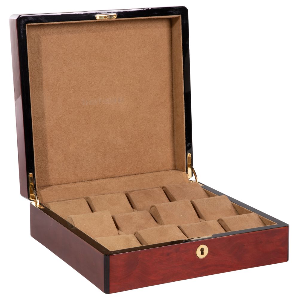 Appraisal: VENLO LACQUERED BURLWOOD WATCH BOXHaving brass hardware lock and keys