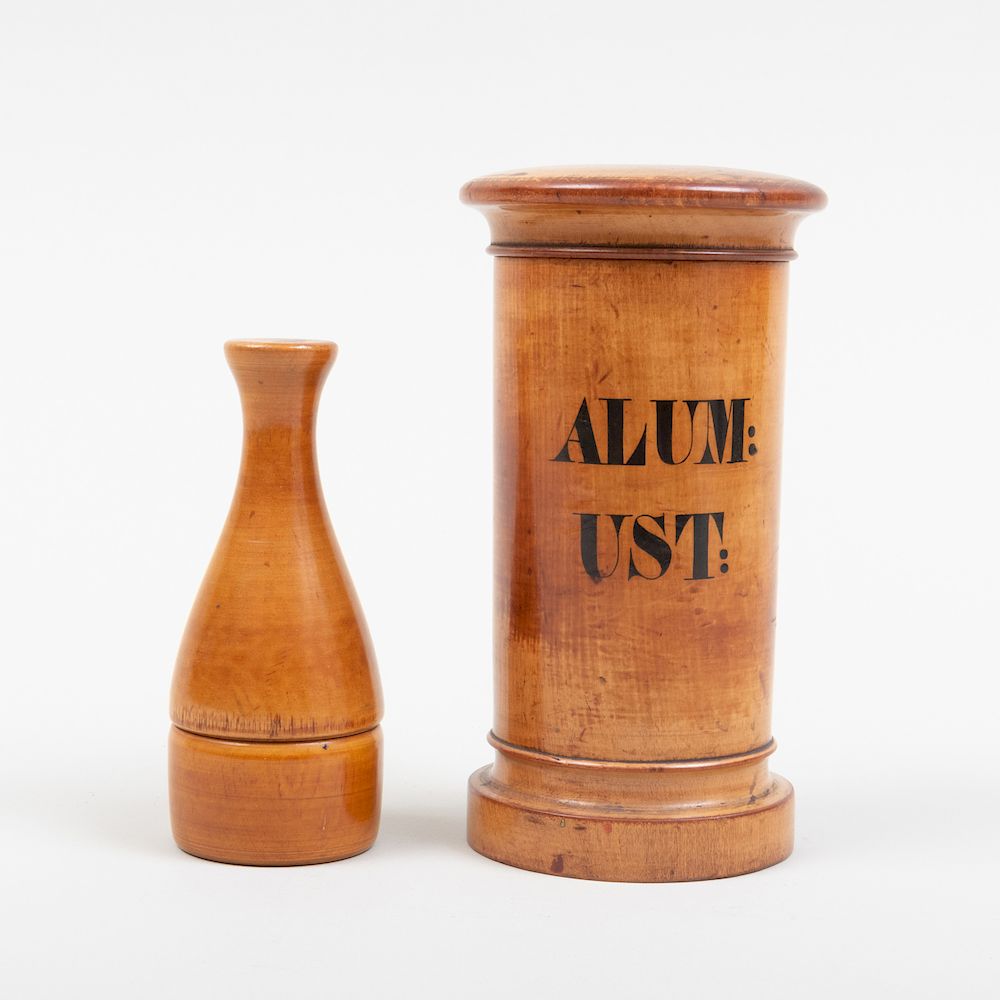 Appraisal: Wood Apothecary Jar 'Alum Ust ' and Bottle Shaped Box