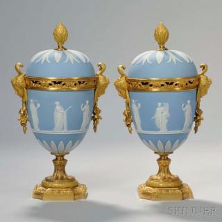 Appraisal: Pair of Wedgwood Blue Jasper and Gilt-bronze-mounted Vases and Covers