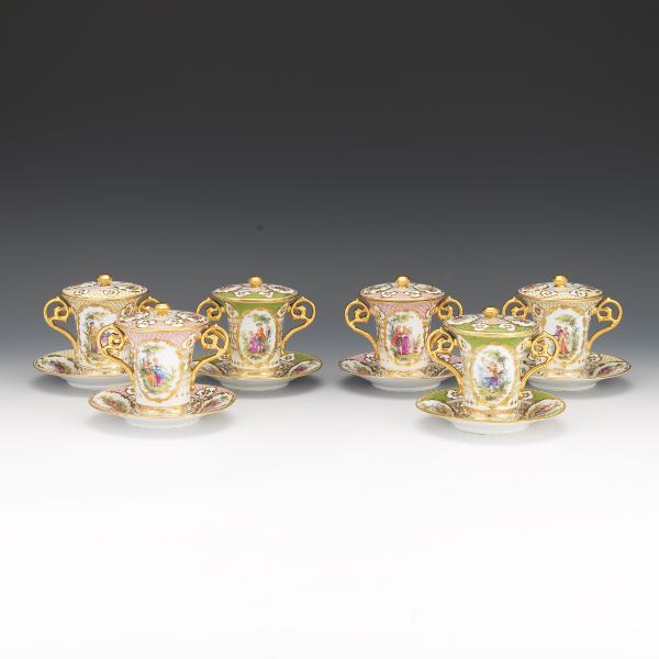 Appraisal: DRESDEN POT DE CREME CUPS AND LIDS SET OF Six