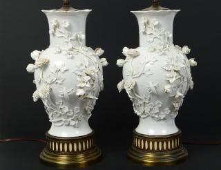 Appraisal: PAIR OF BLANC-DE-CHINE PORCELAIN LAMPS th Century Probably Chinese Each