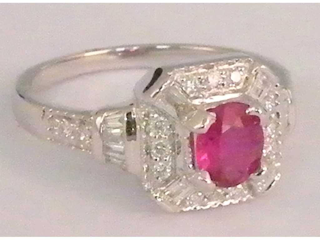 Appraisal: ct white gold ruby and multi-cut diamond square cluster ring