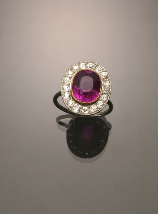 Appraisal: Art Deco Tested Platinum and -Karat Yellow-Gold Synthetic Pink Sapphire