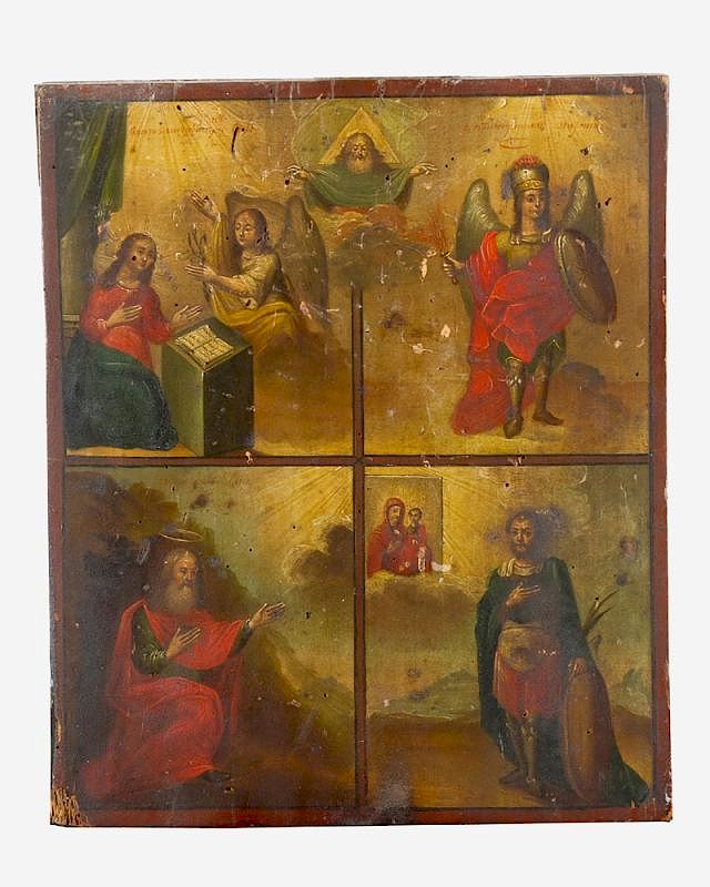 Appraisal: Russian icon Russian icon with Godfather and Saints in four