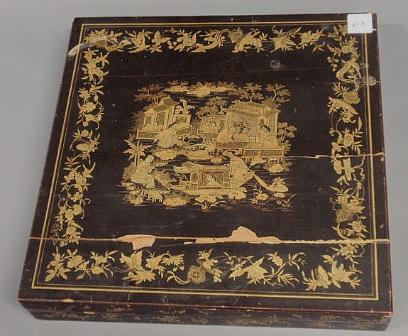 Appraisal: Chinese silkwork cover ivory in a black lacquered and decorated