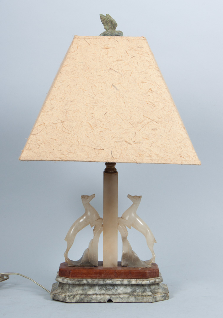 Appraisal: Art Deco onyx lamp central shaft flanked by jumping deer