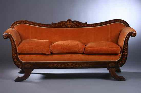 Appraisal: CHARLES X MAHOGANY MARQUETRY INLAID CANAP - later tangerine-color velvet