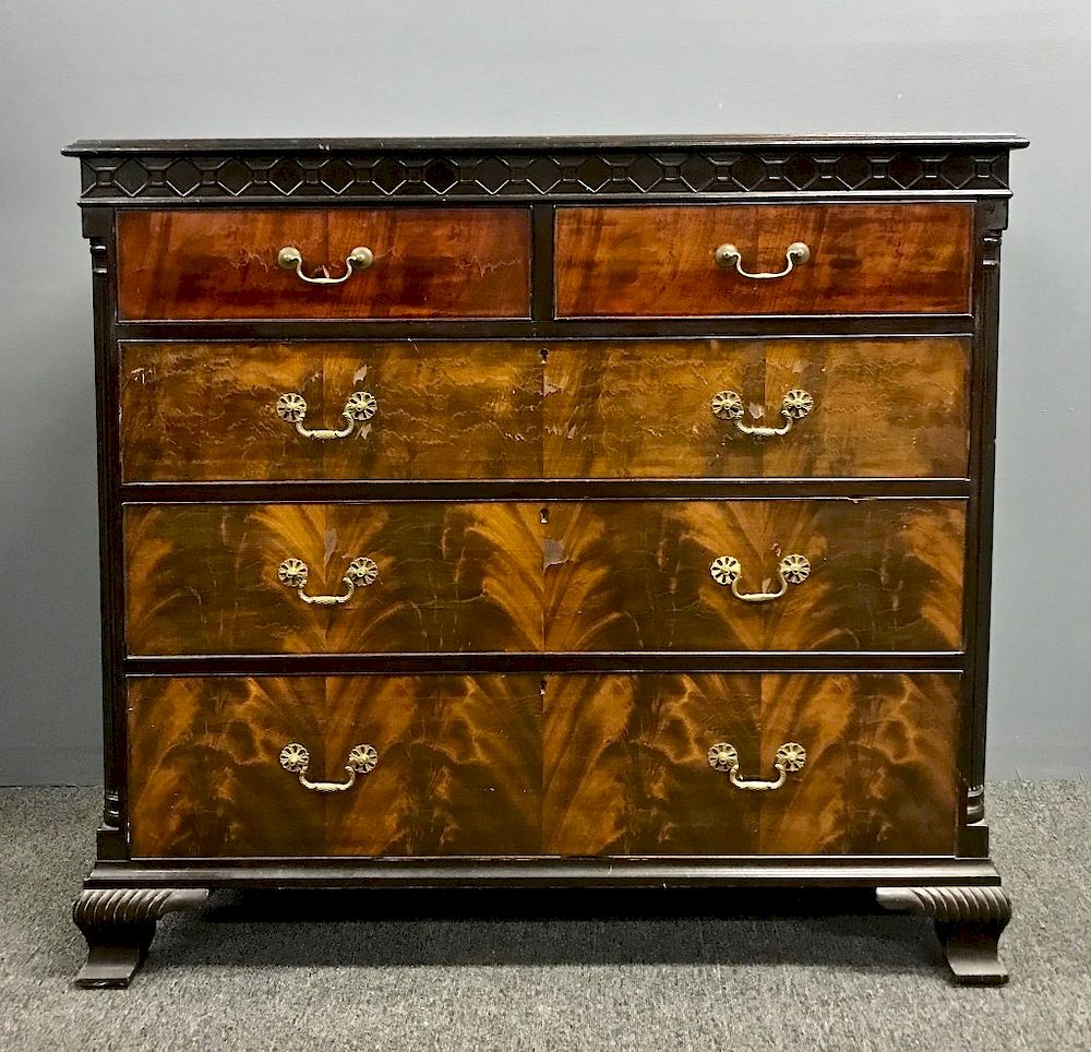 Appraisal: Mahogany Veneered Chest of Drawers Chippendale style mahogany veneered chest