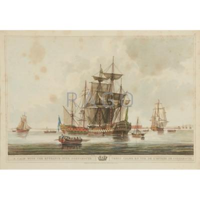 Appraisal: BRITISH MARITIME PRINT th C Hand-painted etching A Calm With