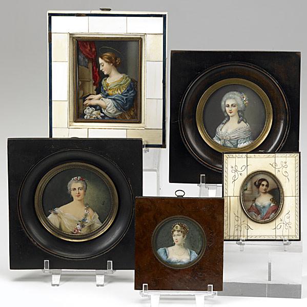 Appraisal: FIVE PORTRAIT MINIATURES ON IVORYAll of women th th c