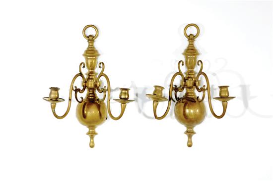 Appraisal: Pair brass two-light wall sconces baluster-shaped backplate issuing scrolling arms