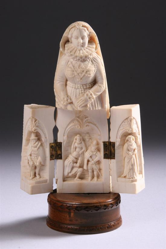 Appraisal: FRENCH FINELY CARVED IVORY TRIPTYCH FIGURE th century Depicting a