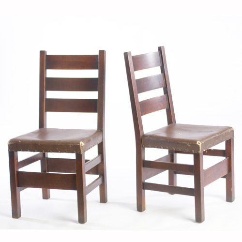 Appraisal: GUSTAV STICKLEY Pair of heavy ladderback sidechairs with three horizontal