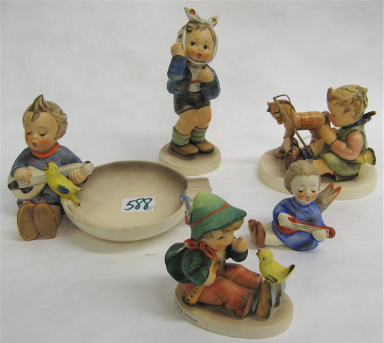 Appraisal: FIVE GERMAN HUMMEL FIGURES Boy With Toothache HUM- TM- -