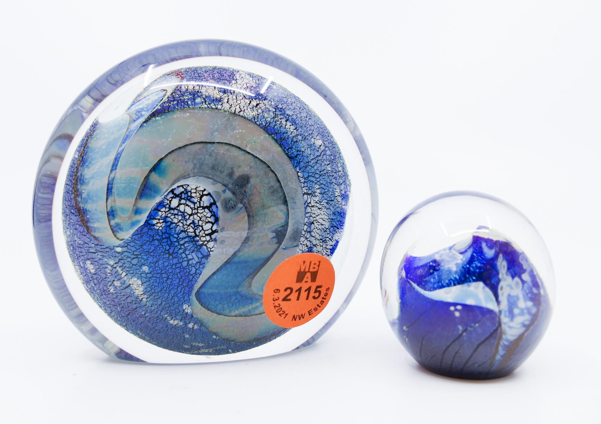 Appraisal: pc Mark Eickholt Art Glass Paperweights- largest ''