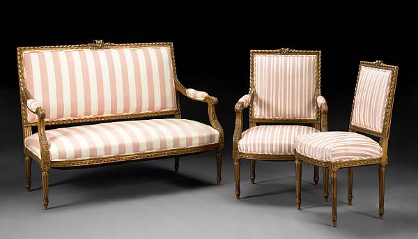 Appraisal: A suite of Louis XVI style giltwood seat furniture circa