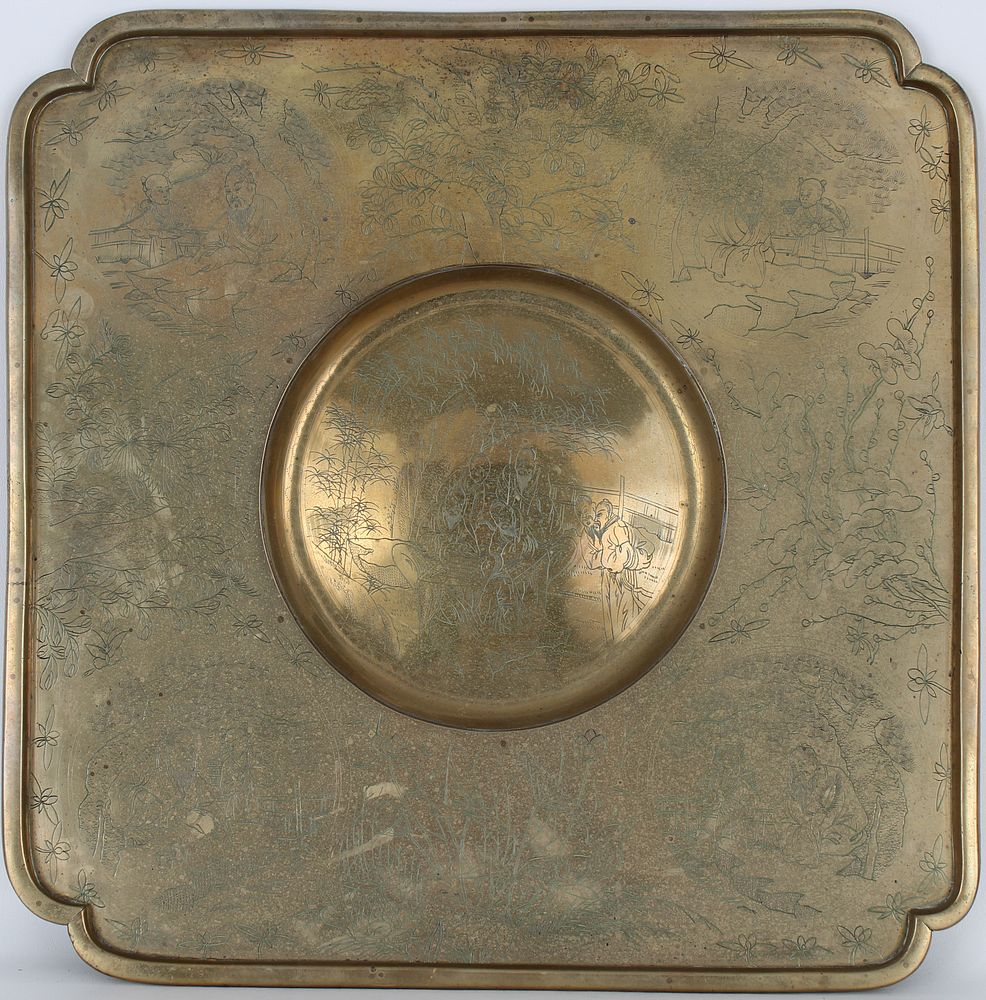 Appraisal: Antique Chinese Bronze Chinoiserie Platter Antique Chinese Bronze Chinoiserie Platter