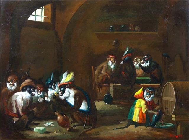 Appraisal: MONTE - The Monkey Card Players signed oils on canvas