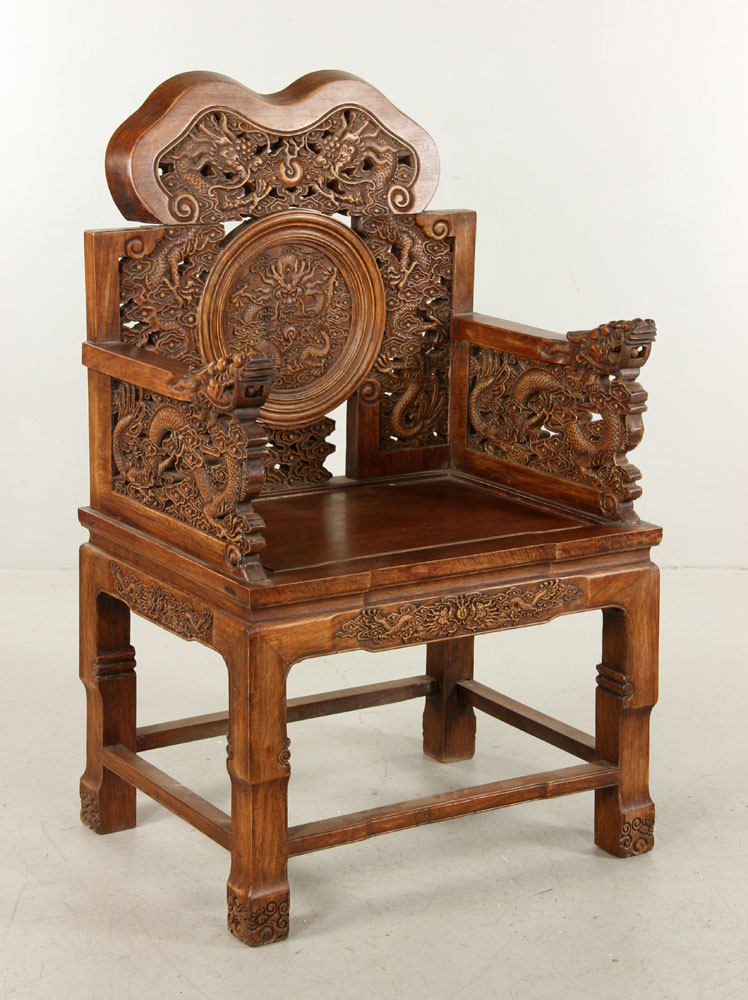 Appraisal: - Chinese Carved Chair Huanghuali Chinese chair huanghuali carved inticately