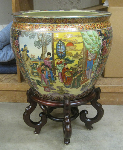 Appraisal: AN ENAMELED EARTHENWARE FISHBOWL PLANTER ON STAND Chinese th century