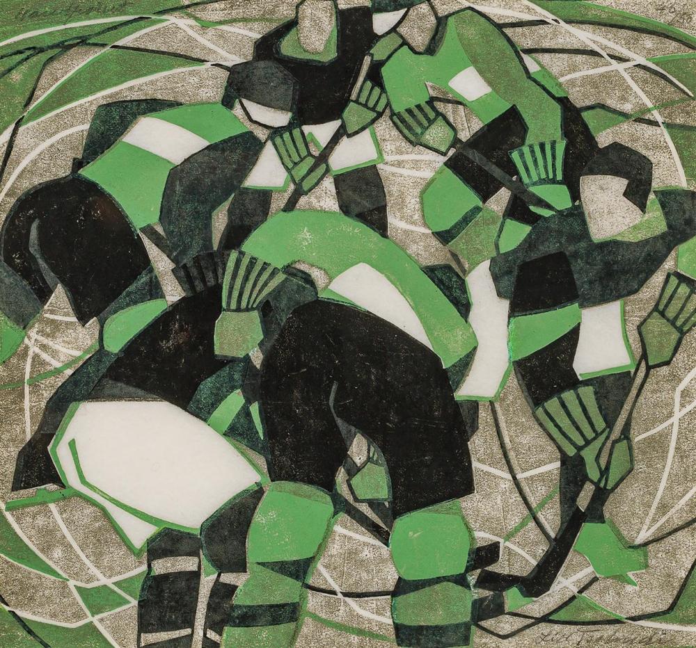 Appraisal: LILL TSCHUDI Swiss - Ice Hockey linocut on paper signed