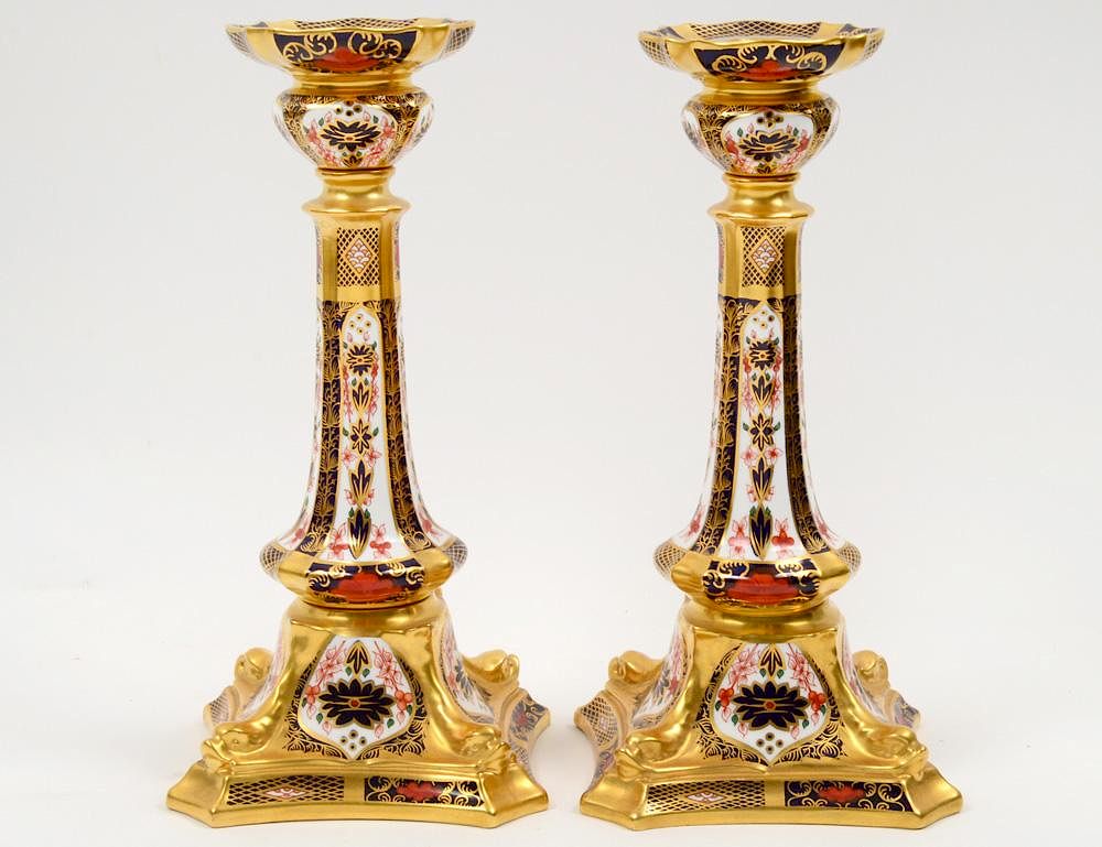 Appraisal: PAIR OF ROYAL CROWN DERBY PORCELAIN CANDLESTICKS English In the