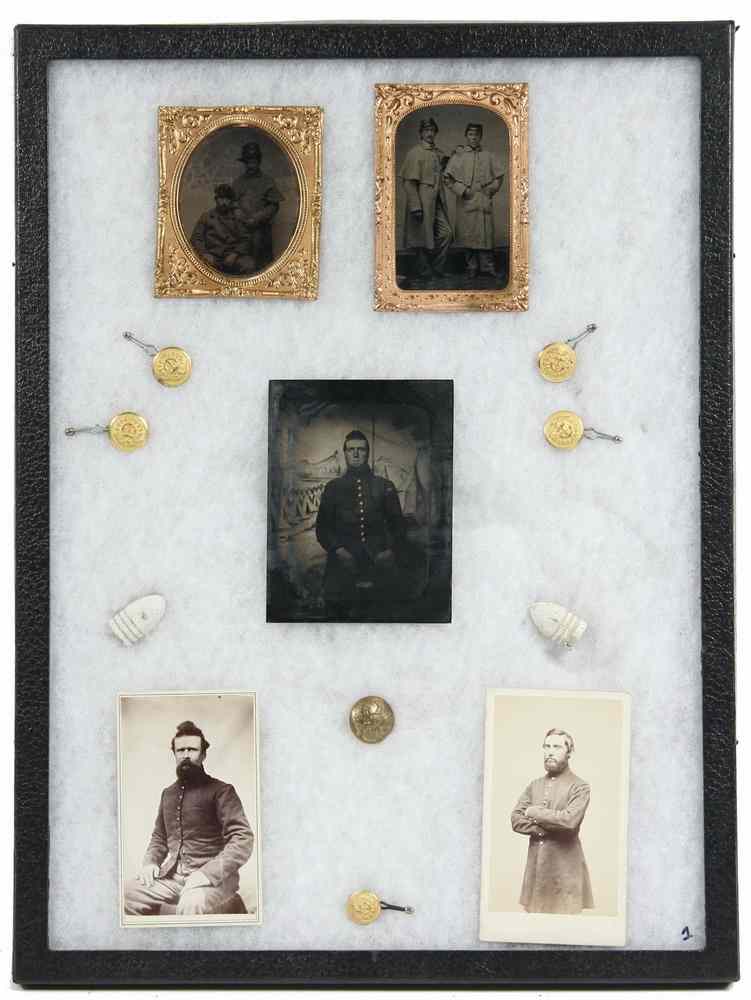 Appraisal: CIVIL WAR PHOTOS BUTTONS BULLETS - Including plate tintype Soldier