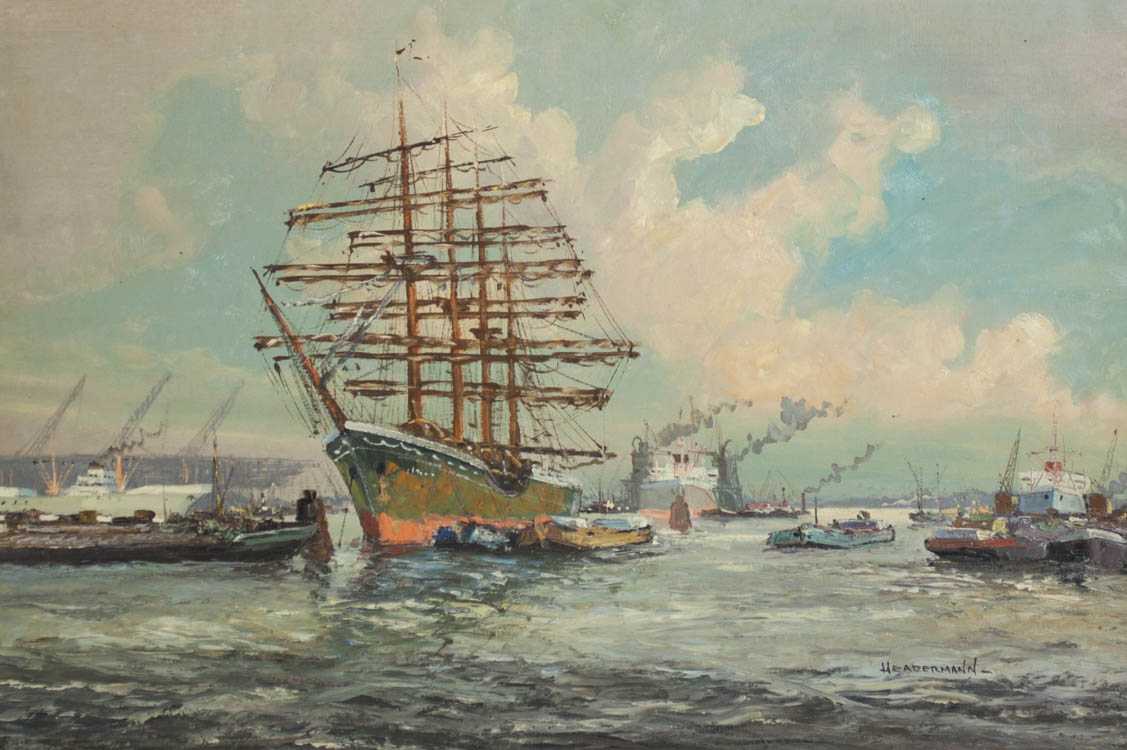 Appraisal: M HEADERMANN OIL ON CANVAS American th century Busy harbour