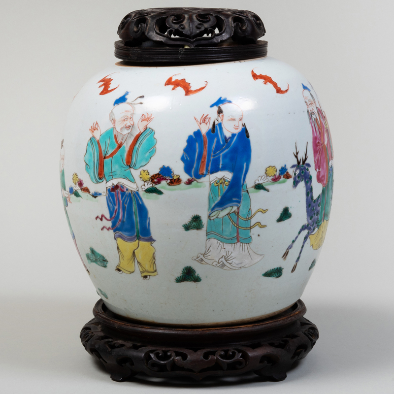 Appraisal: Chinese Famille Rose Porcelain Ginger Jar and a Carved Wood