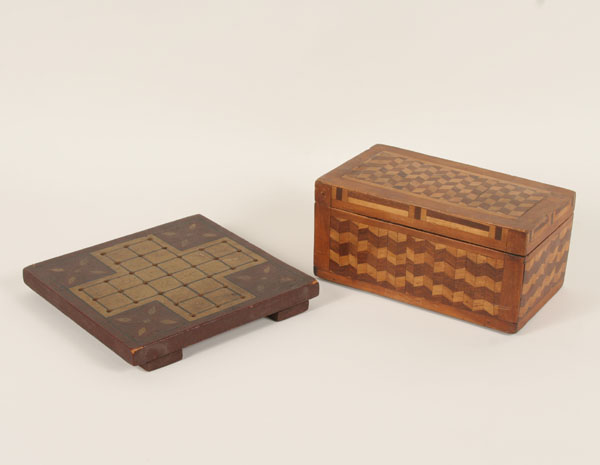 Appraisal: Parquetry box and hand painted game board inlaid tumbling block