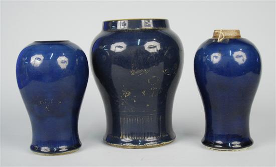 Appraisal: THREE CHINESE BLUE GLAZED BALUSTER FORM VASES remants of gold