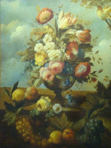 Appraisal: Unknown O C Floral Still Life with Songbird and Fruit