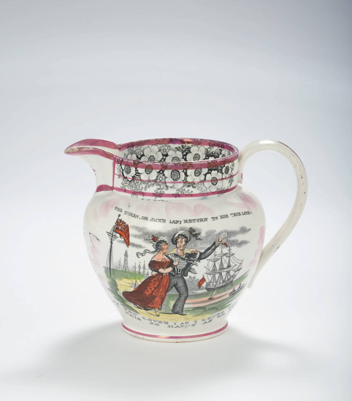 Appraisal: SUNDERLAND PINK LUSTRE ENAMEL-DECORATED AND BLACK TRANSFER-PRINTED JUG CIRCA -