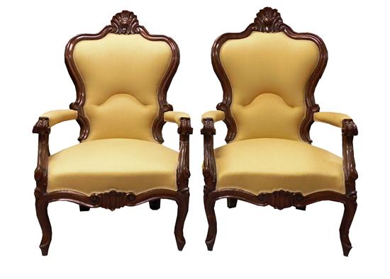 Appraisal: Pair Victorian armchairs upholstered in later canary yellow fabric rosewood