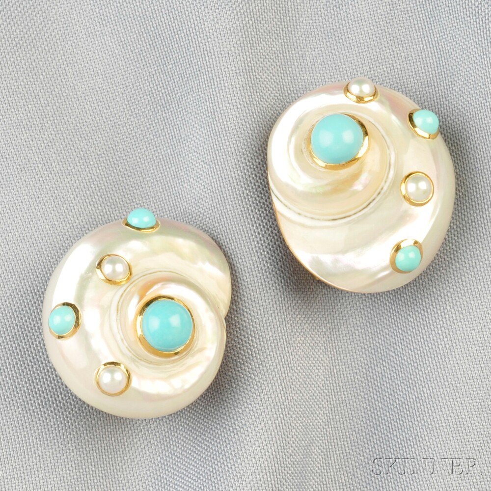 Appraisal: kt Gold Shell Turquoise and Pearl Earclips Trianon each spiral