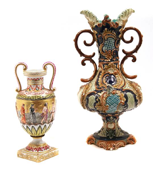 Appraisal: A Continental Majolica handled urn molded WS amp S together