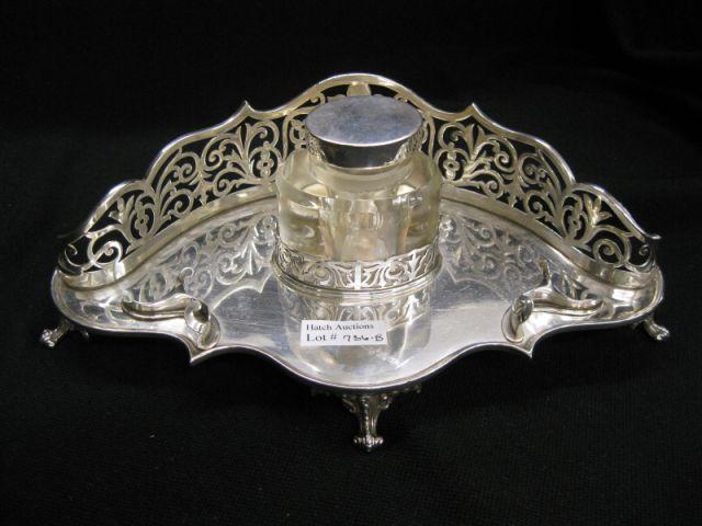 Appraisal: English Sterling Silver Inkstand footed fancy openwork back pen rest