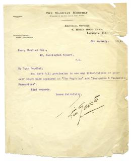 Appraisal: Goldston Will Typed Letter Signed Will Goldston to Harry Houdini