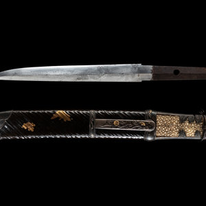 Appraisal: A Tanto MUMEI MOROHA-ZUKURI aikuchi mounted tanto with elaborate lacquer