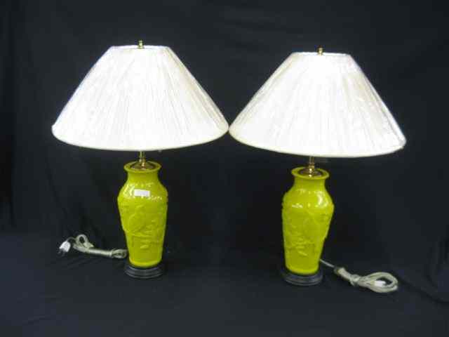 Appraisal: Pair of Peking Glass Lamps cameo style carved bird foliage