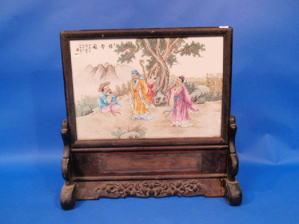 Appraisal: Chinese plaque hand painted and framed and on a stand