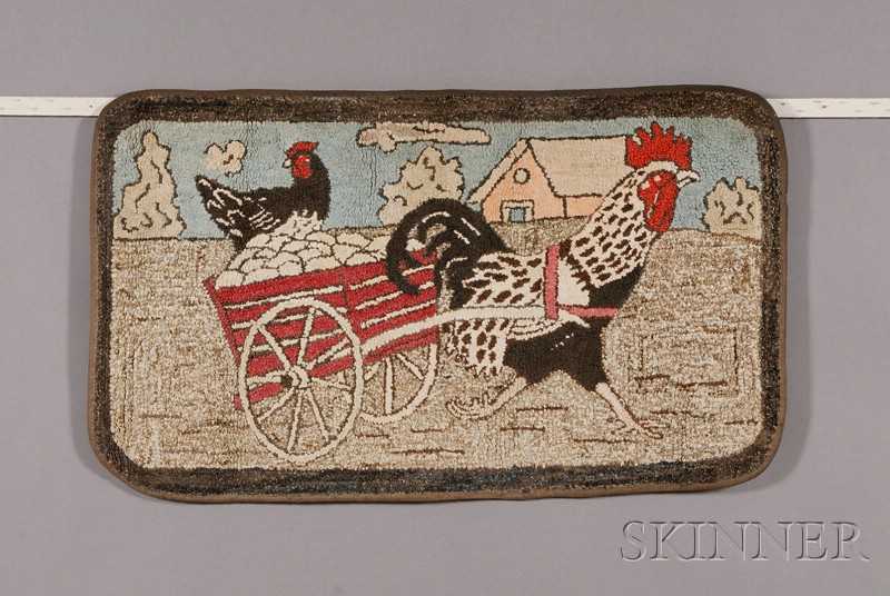 Appraisal: Wool and Cotton Hooked Rug with Chickens early to mid-