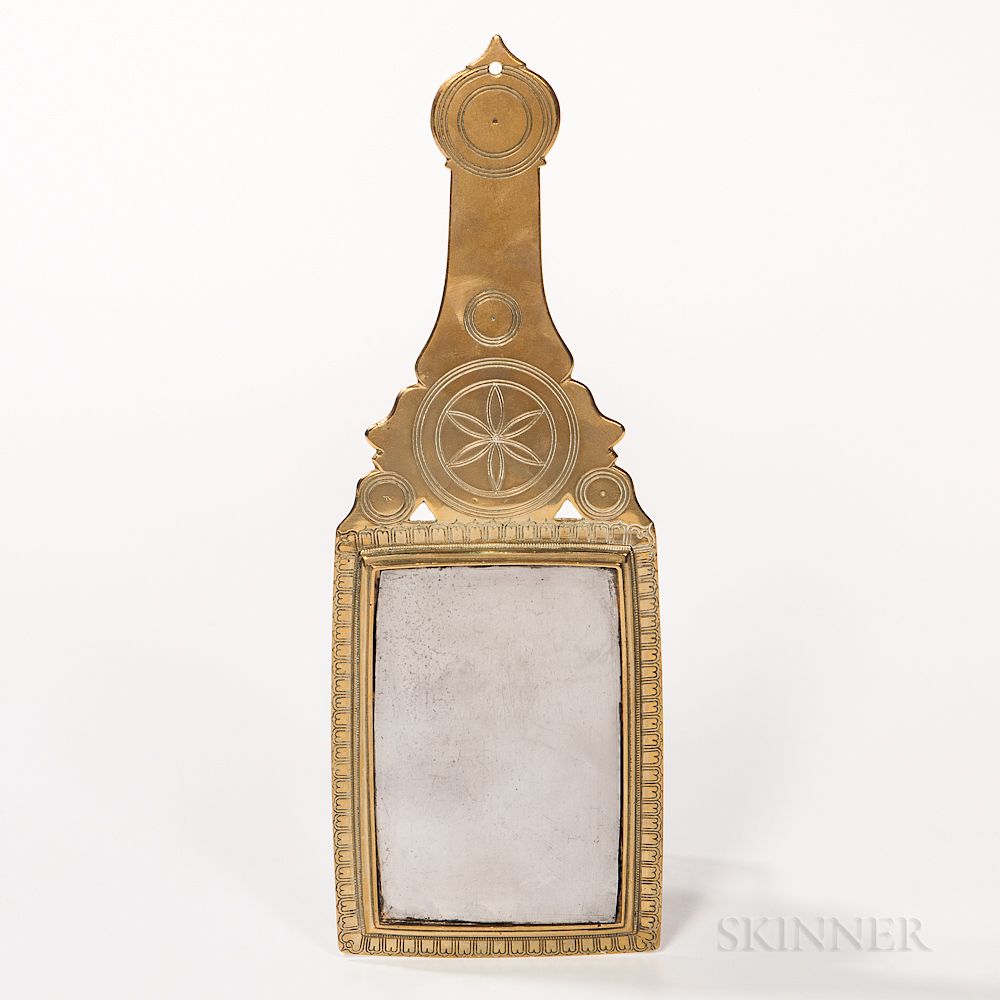 Appraisal: Engraved Brass Hand Mirror Engraved Brass Hand Mirror late th