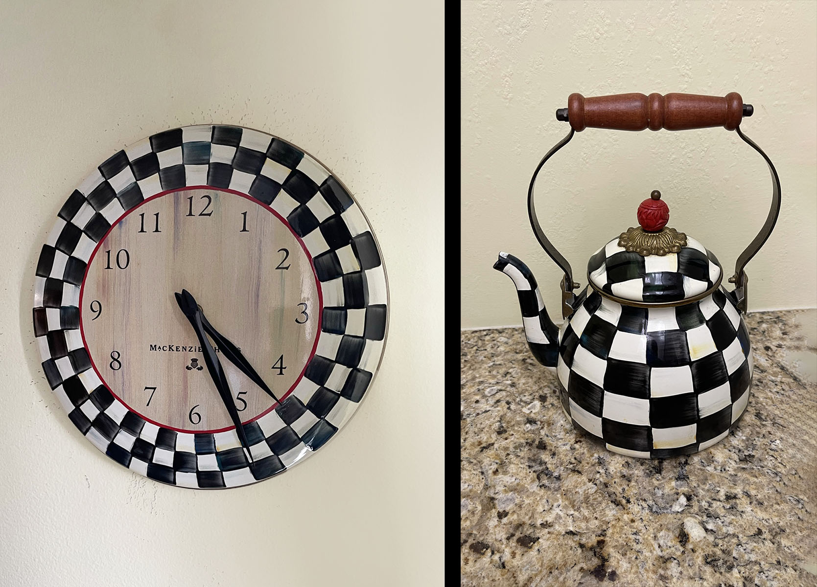 Appraisal: MACKENZIE CHILD CLOCK AND TEAPOT Clock of metal painted in