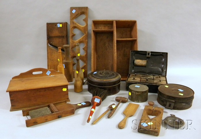 Appraisal: Group of Country Wooden and Tin Kitchen Items three tin