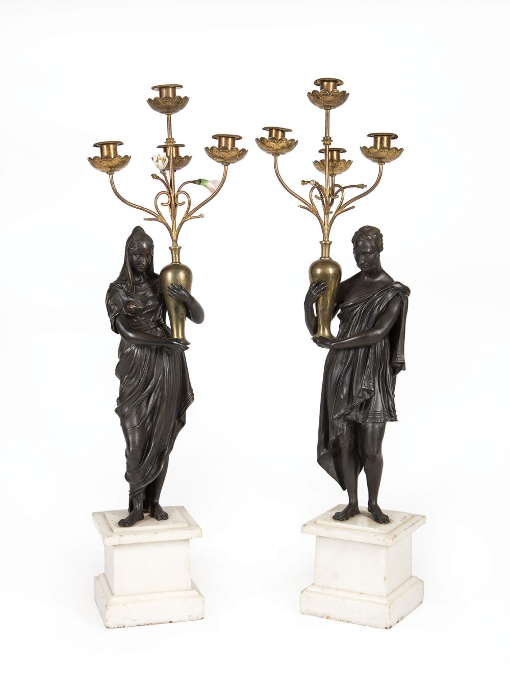 Appraisal: Pair of French Patinated Bronze and Marble Four-Light Figural Candelabra