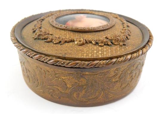 Appraisal: th C copper trinket box with central painted porcelain plaque