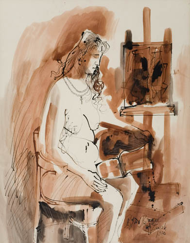 Appraisal: BYRON BROWNE Seated Female Nude Mixed media on cream wove